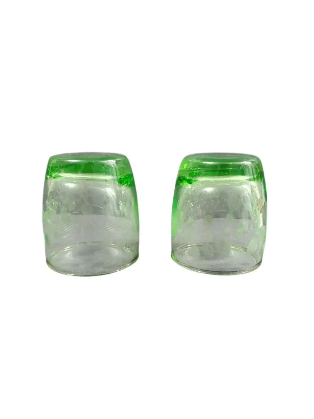 2 Vintage Uranium Vaseline Glass Shot Glasses Wheel Cut Etched Floral Glows 2